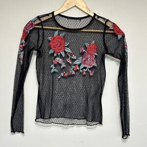 Floral Embroidered Mesh Top Sheer‎ Blouse Womens S Black Whimsigoth Indie Goth
